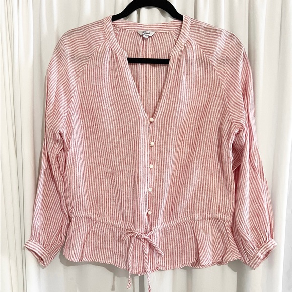 Rails Stripped Red Linen Button Shirt Size XS Pearl Buttons Oversized - Picture 3 of 6
